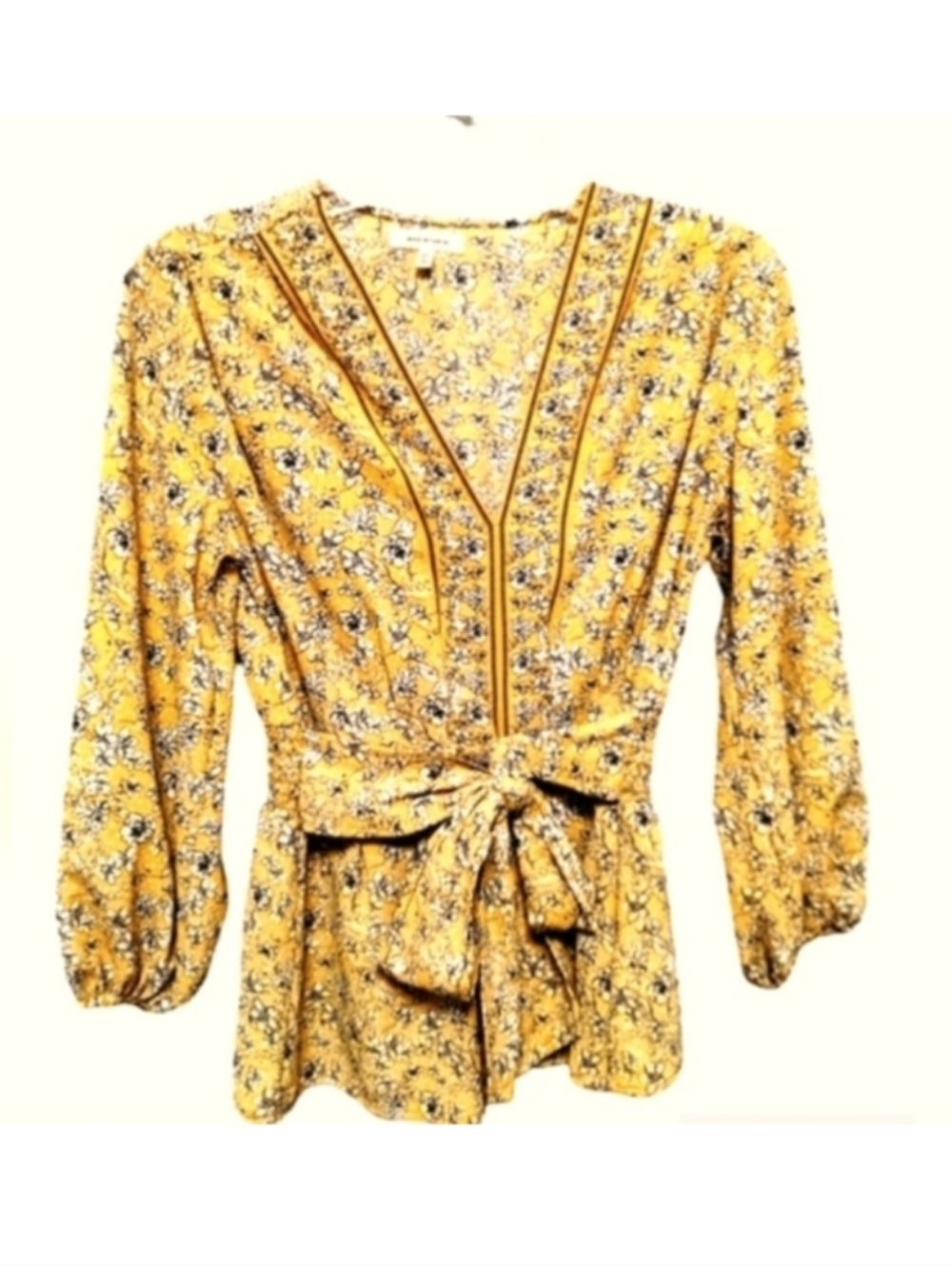Blouse Max Studio Yellow Floral Top  3/4 Puff Sleeves V Neck Sz. S